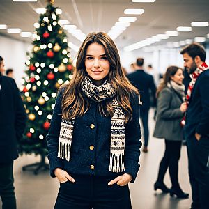 Young Woman in Cozy Winter Outfit at Festive Office