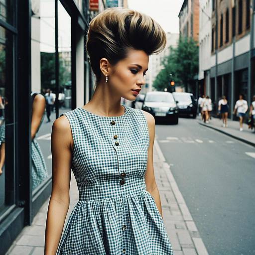 Woman in Vintage Gingham Dress with Elegant Hairstyle on City Street