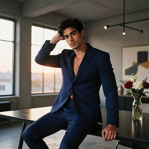 Young Man in Navy Blue Suit Sitting on Table in Modern Room