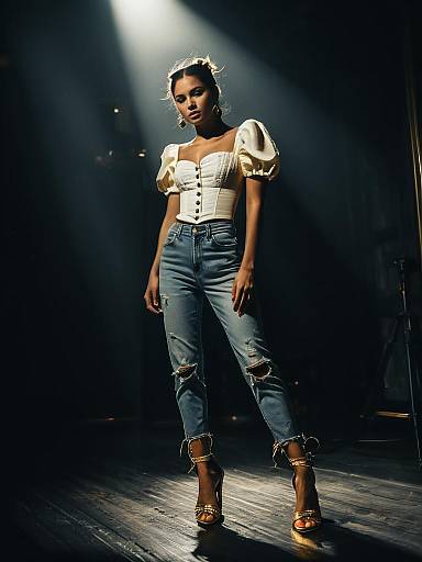 Contemporary Chic Woman Wearing White Bustier Top with Puffed Sleeves and Distressed Jeans