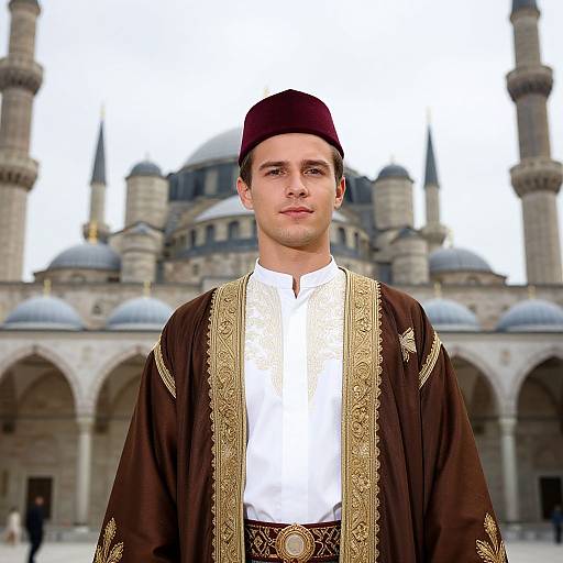 Young Man in Traditional Middle Eastern Attire in Front of Historic Mosque