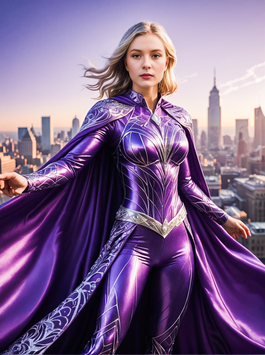 Confident Woman in Shimmering Purple Costume Against Cityscape