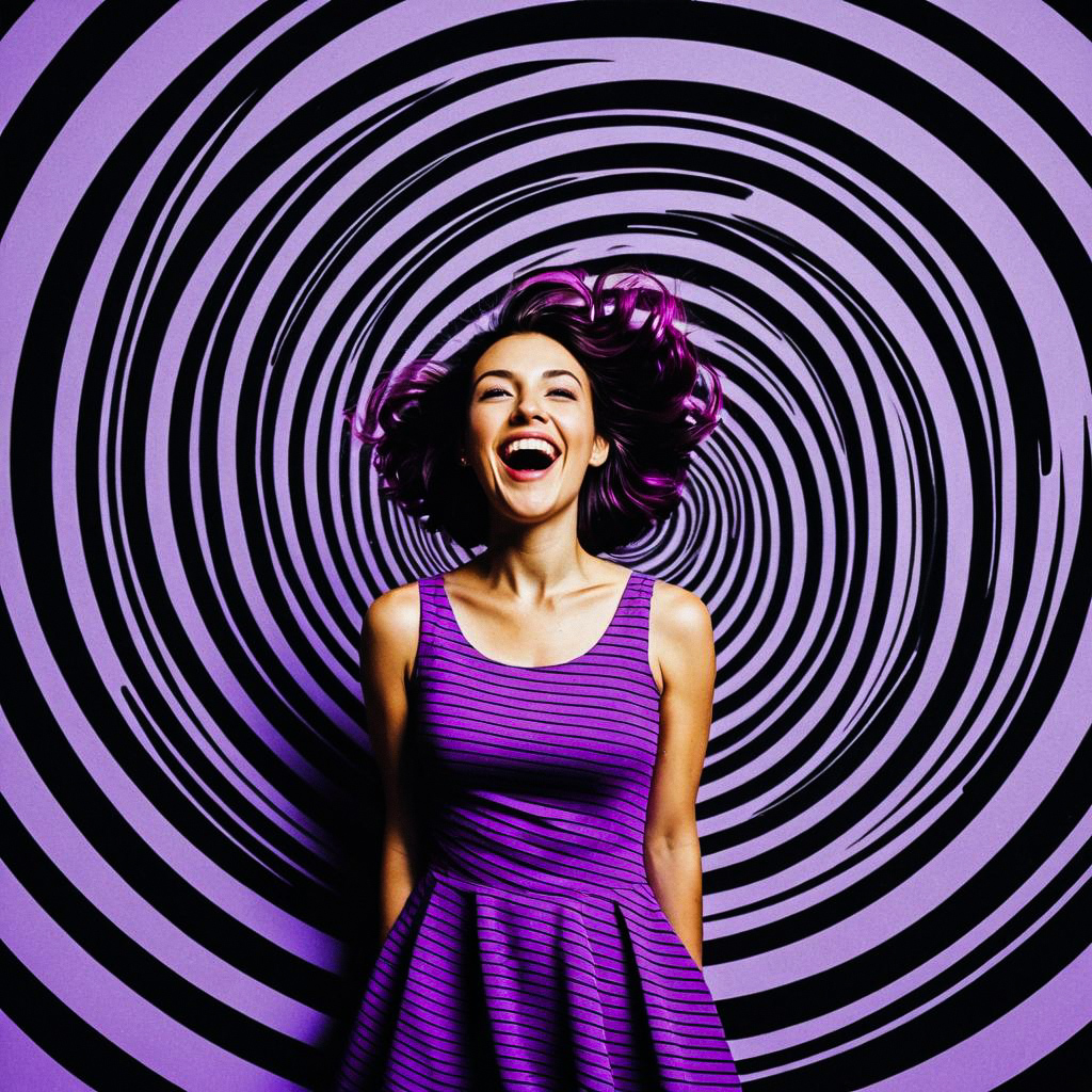 Cheerful woman with purple hair and dress