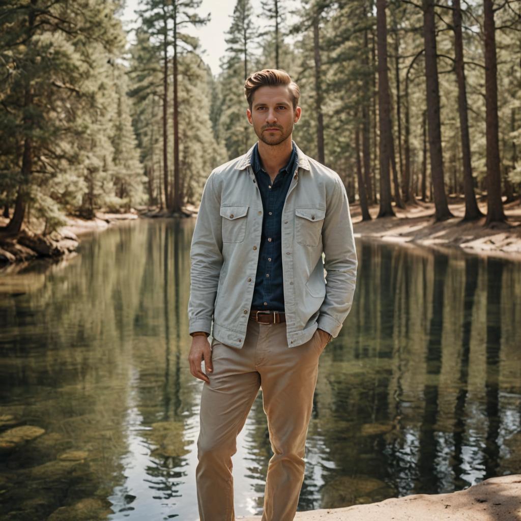 Confident Man in Smart Casual Attire by Tranquil Water