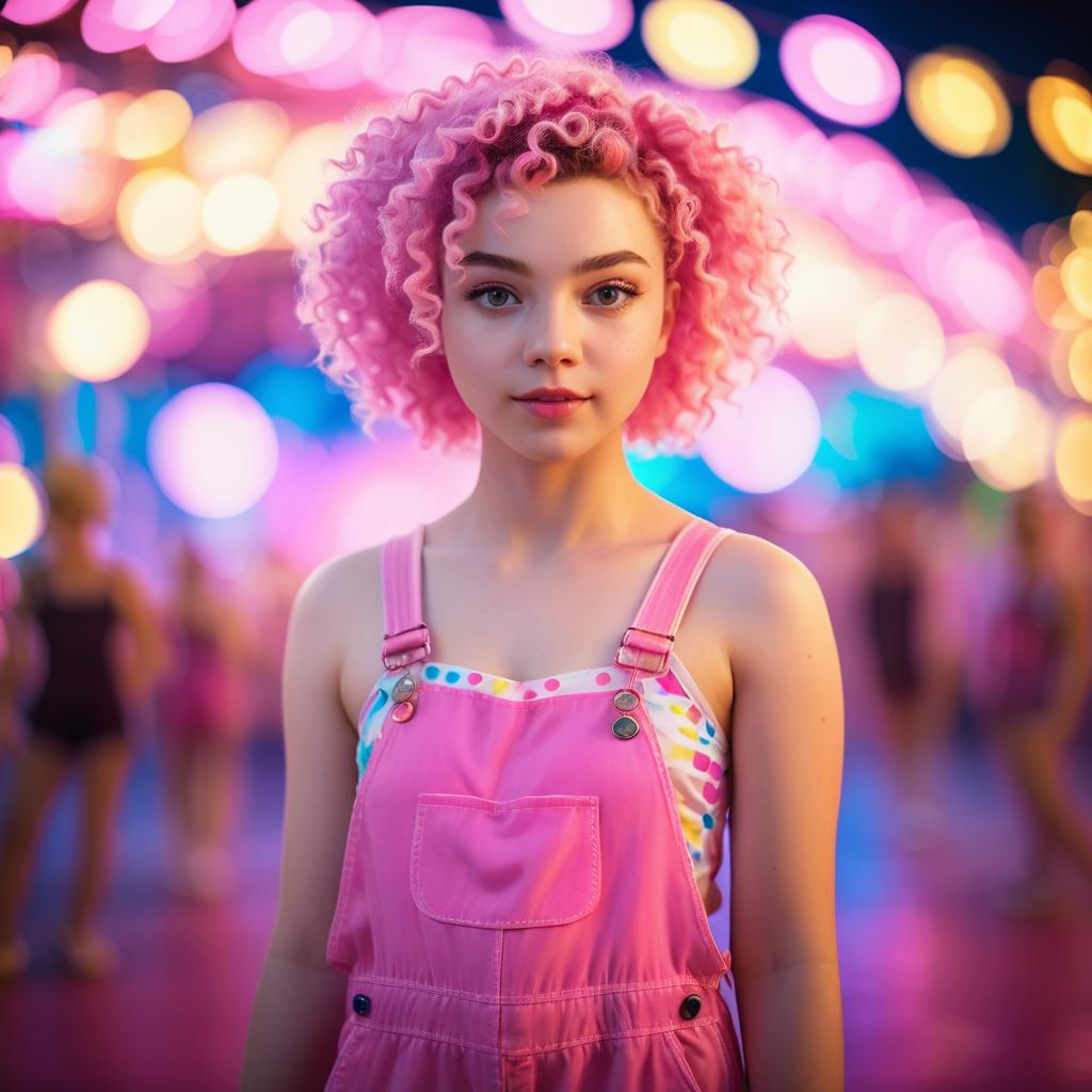 Young Woman with Pink Curly Hair in Colorful Bokeh