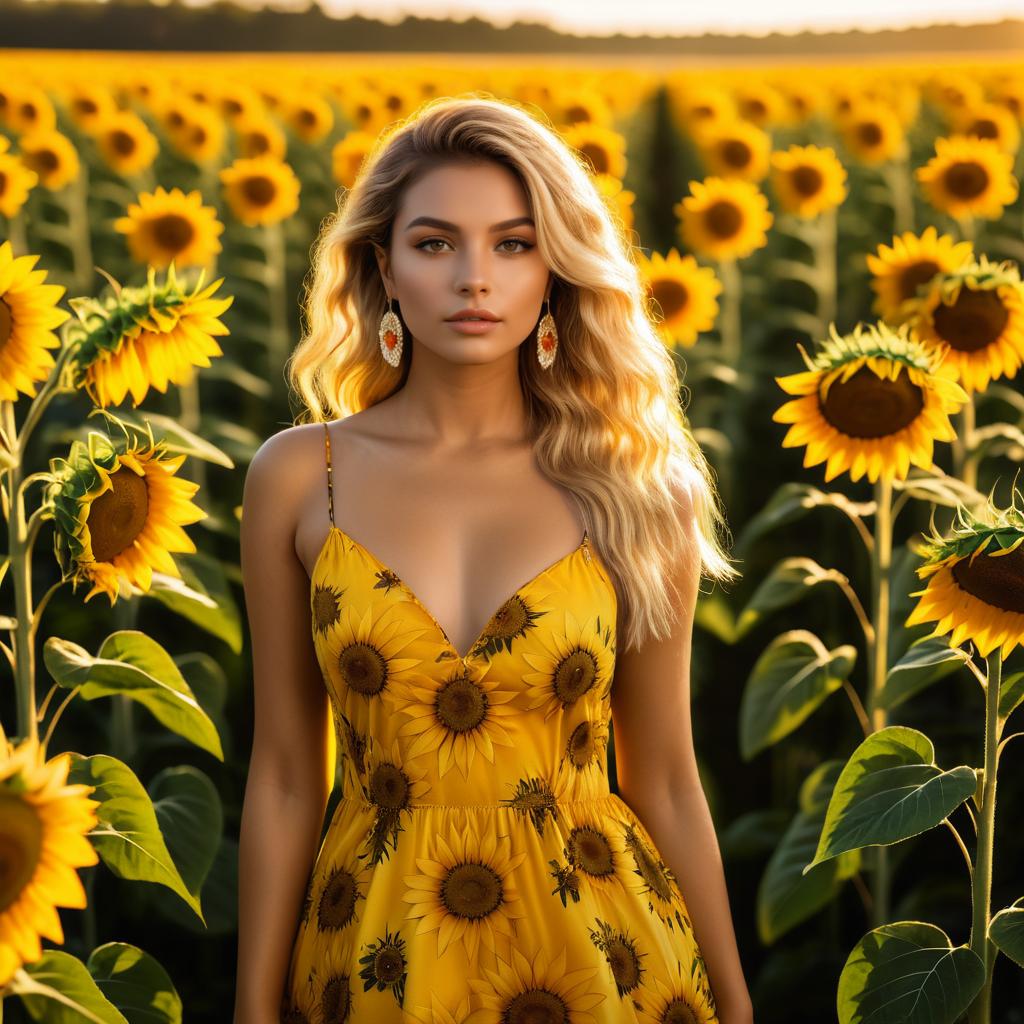 Woman in Yellow Dress in Sunflower Field