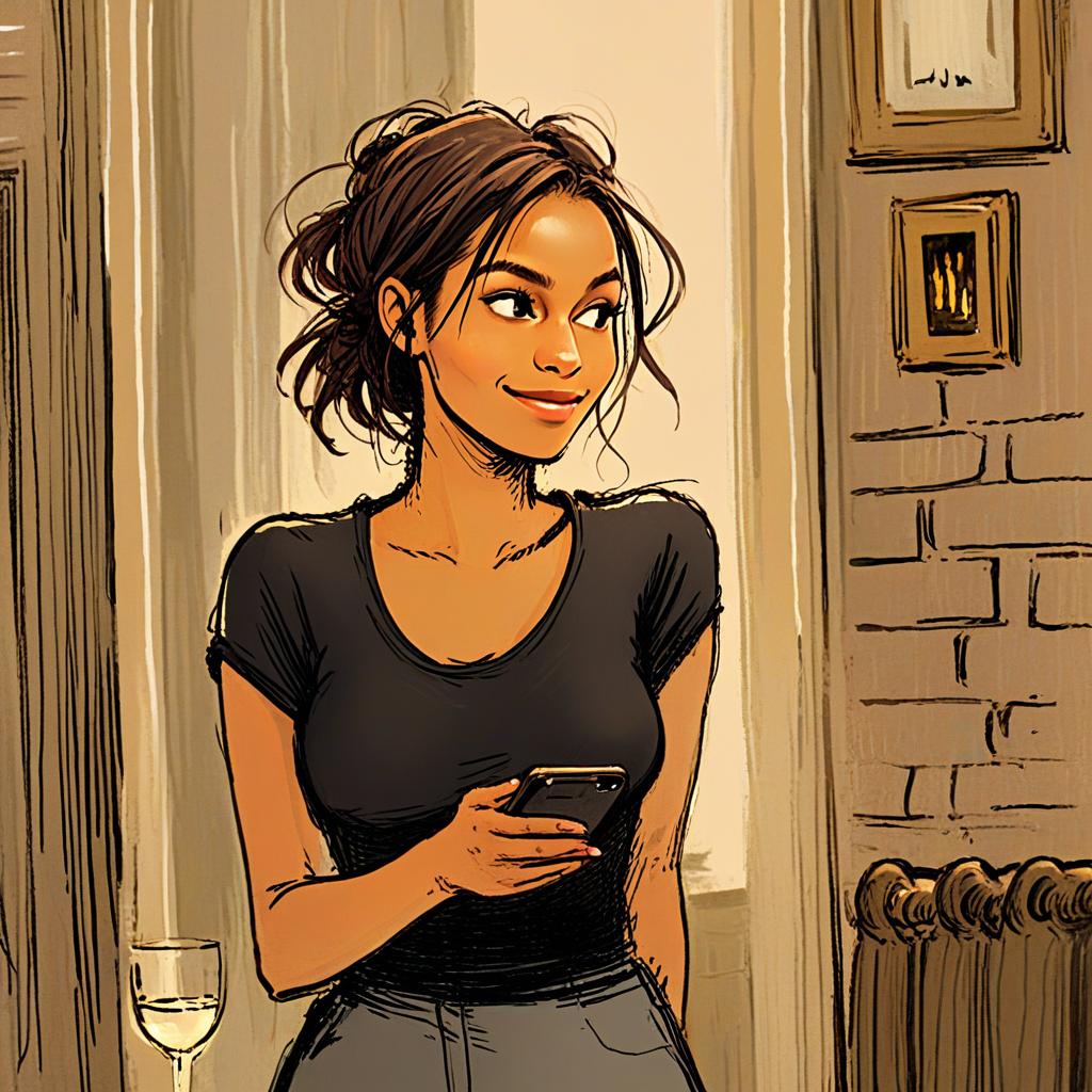 Casual Young Woman Holding Smartphone in Warmly Lit Room Digital Illustration