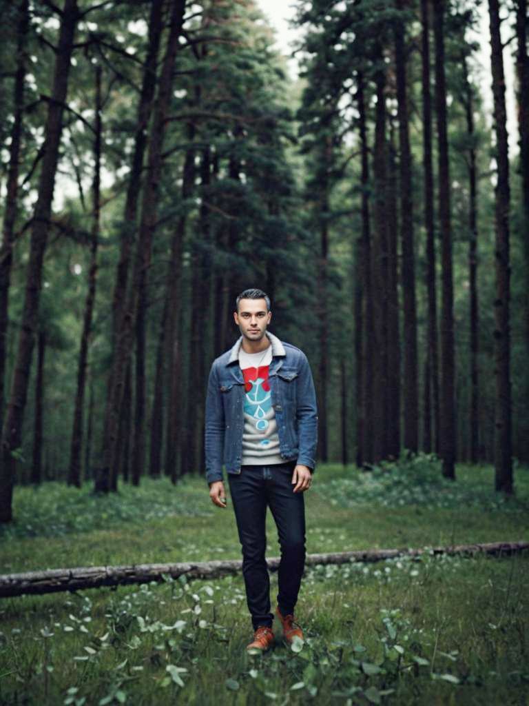 Young Man Walking in a Serene Forest