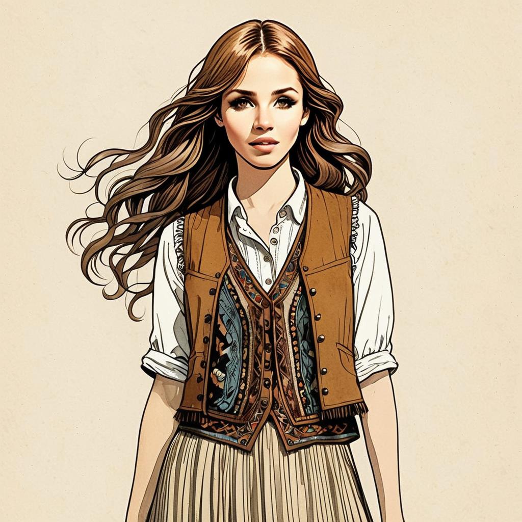 Young Woman in Layered Brown Vest Illustration