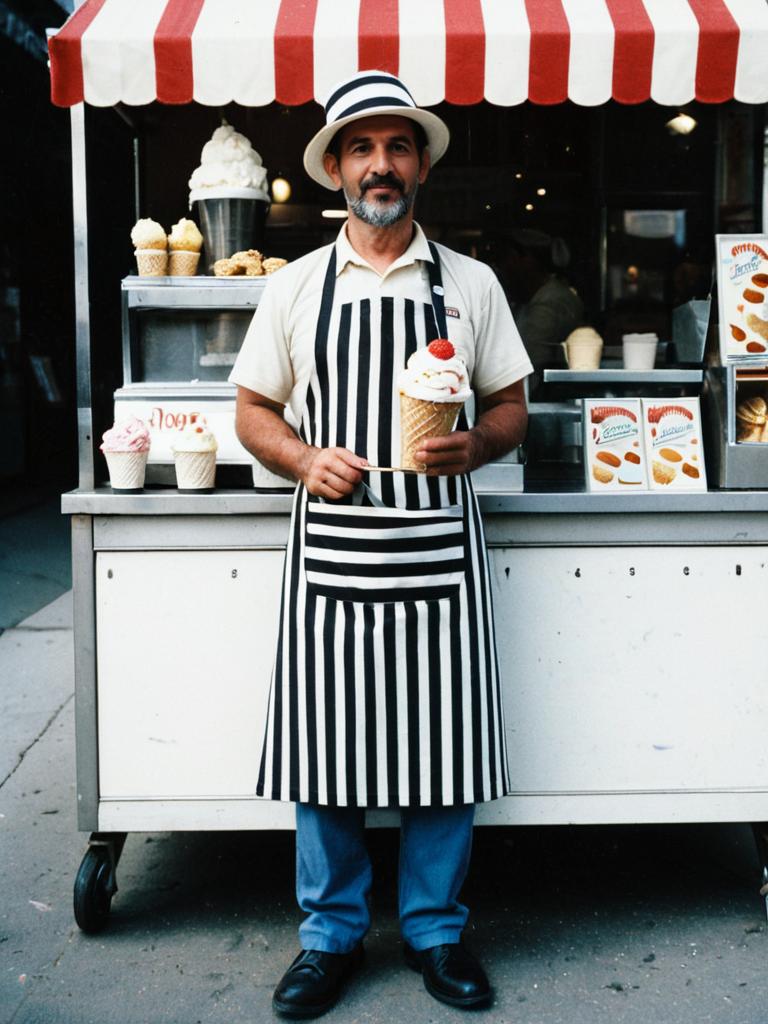 Man in Ice Cream Vendor Costume with Striped Apron Standing by Ice Cream Cart