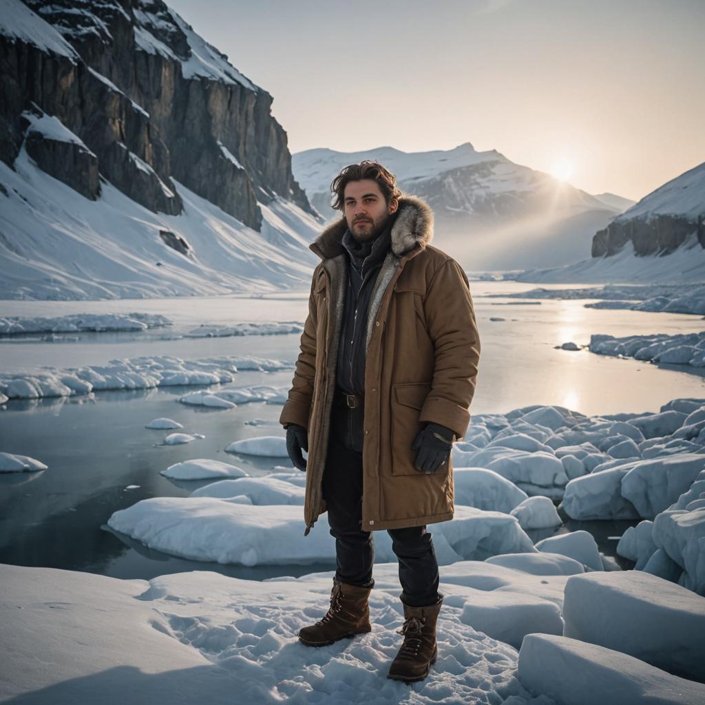 Man in Sunlit Tundra with Mountains