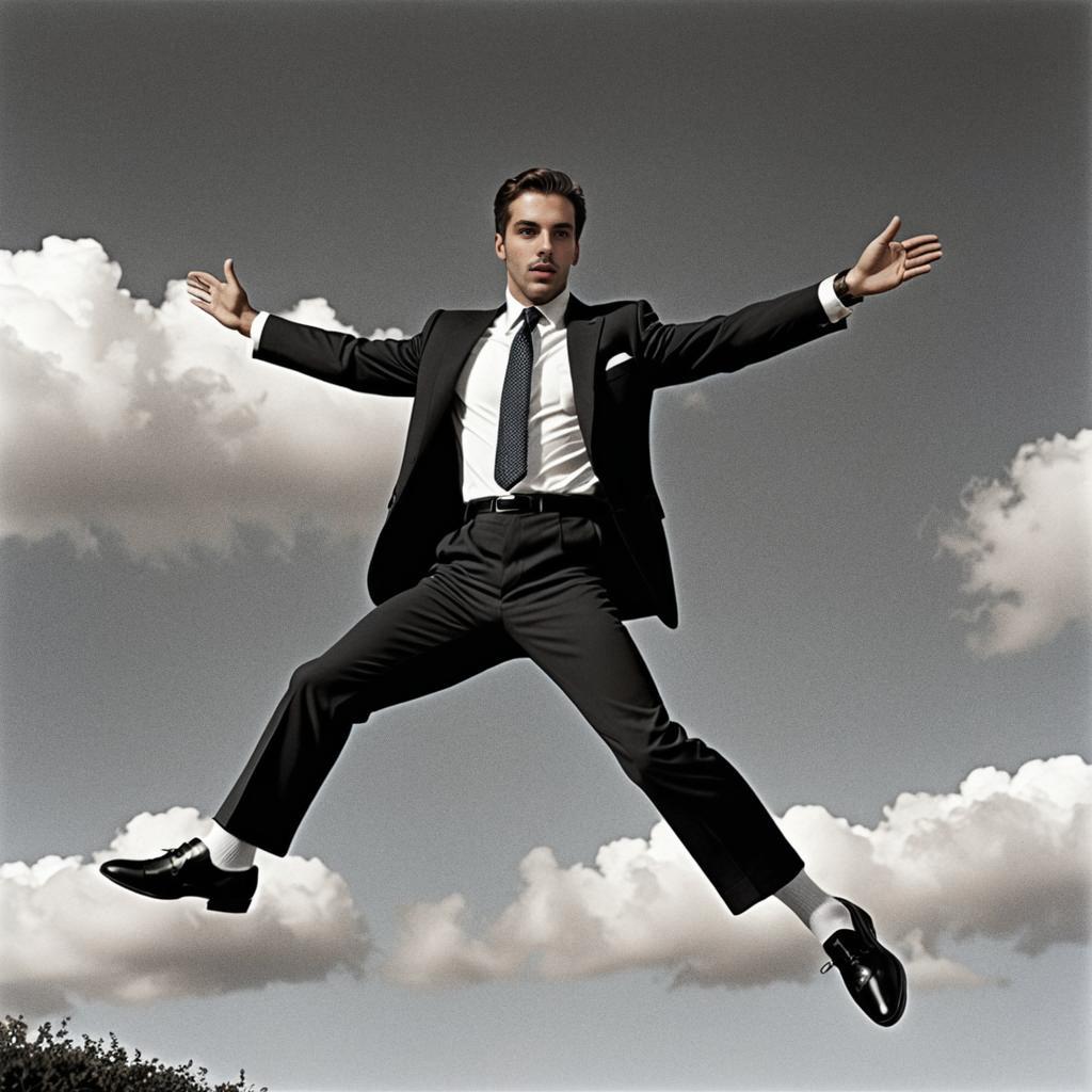 Stylish Man in Suit Leaping Against Dramatic Sky