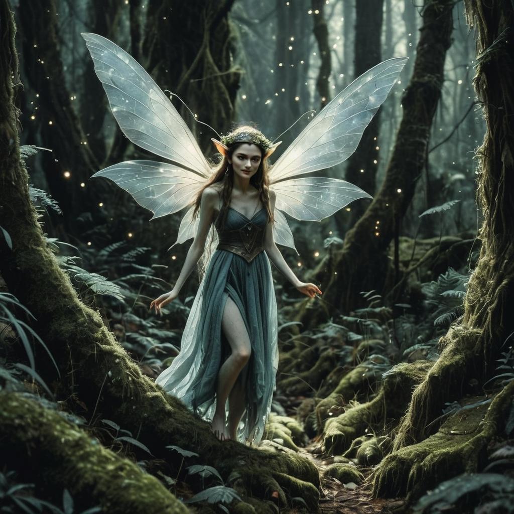 Enchanted Fairy Woman in Mystical Forest with Glowing Wings