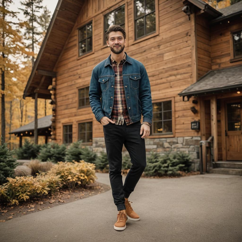 Confident Man in Denim Jacket by Rustic Cabin in Autumn