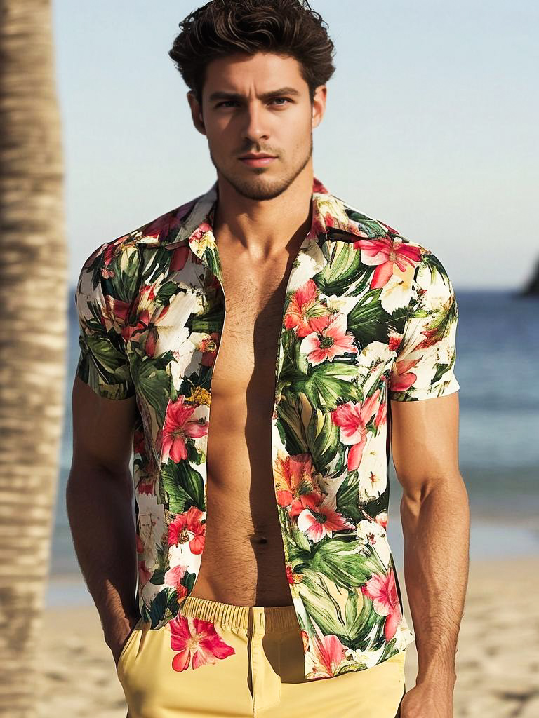 Handsome man in floral shirt at beach