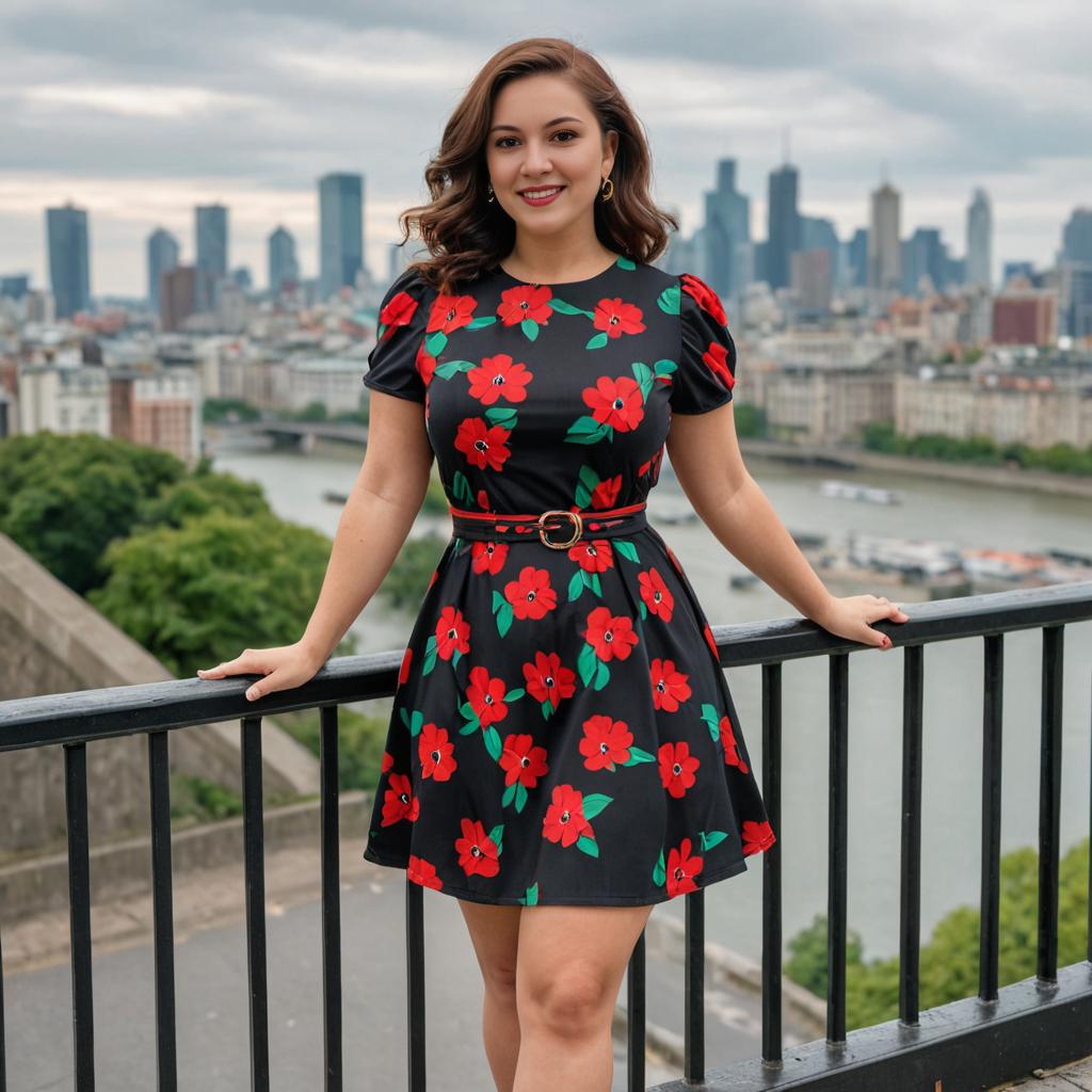 Stylish Woman in Floral Dress with NYC Skyline