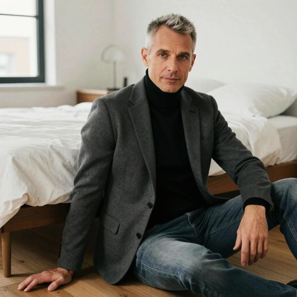 Mature Man in Black Turtleneck and Gray Blazer Sitting on Floor Next to Bed