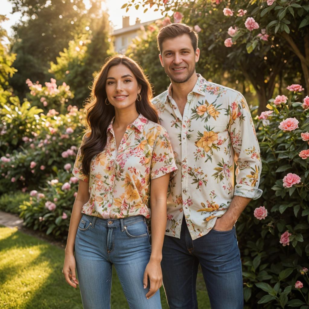 Elegant couple in floral shirts in a blooming garden