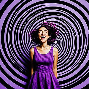 Cheerful woman with purple hair and dress
