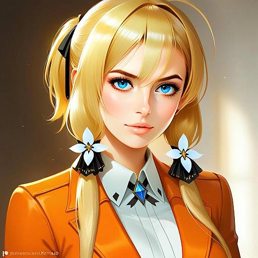 Anime Style Blonde Woman Portrait in Orange Blazer with Flower Hair Accessories
