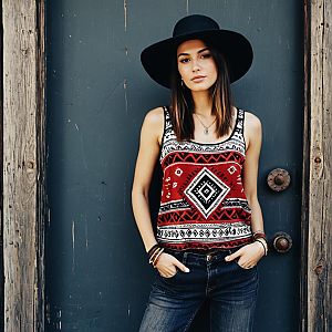 Bohemian Woman Posing by Rustic Door