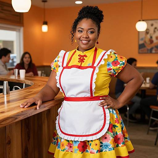Woman in Traditional Floral Dress with Apron in Cozy Cafe