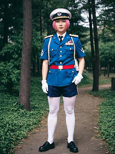 Woman in Blue Military Uniform with Pink Hair Outdoors