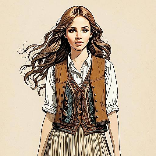 Young Woman in Layered Brown Vest Illustration
