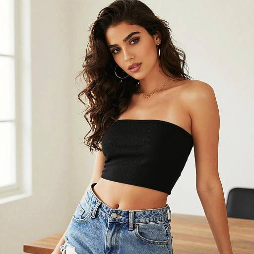 Young Woman in Black Tube Top and Distressed Blue Jeans Casual Fashion