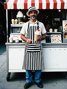 Man in Ice Cream Vendor Costume with Striped Apron Standing by Ice Cream Cart