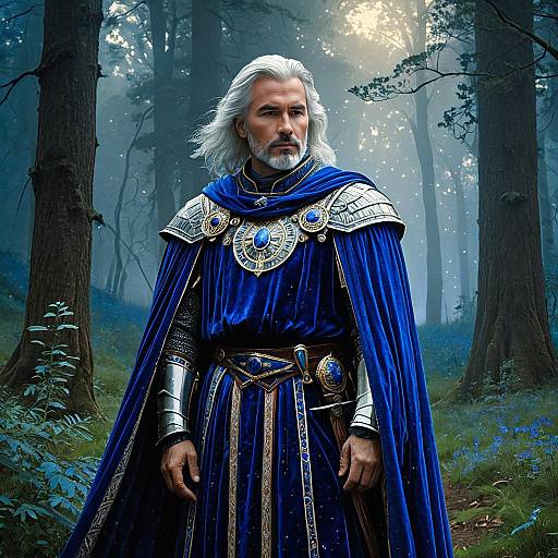 Regal Man in Blue Velvet Cloak and Silver Armor in Enchanted Forest