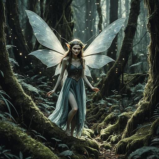 Enchanted Fairy Woman in Mystical Forest with Glowing Wings