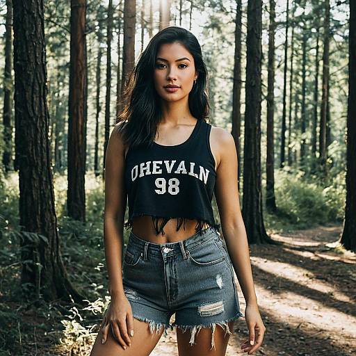 Young Woman in Casual Outfit Standing on Forest Trail