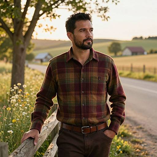 Man in Plaid Flannel Shirt by Country Road at Sunset