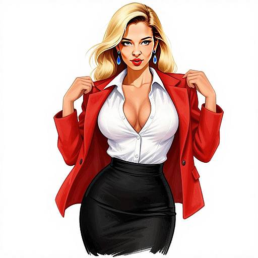 Confident Woman in Red Blazer and Black Skirt Digital Illustration