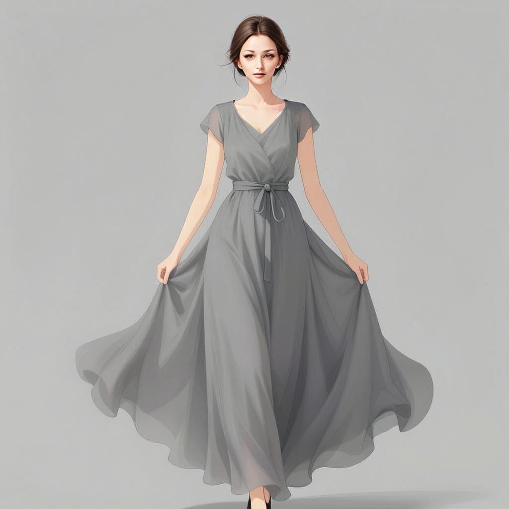 Elegant Woman in Flowing Gray Dress Digital Illustration
