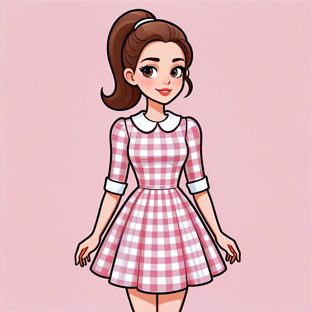 Retro Inspired Woman in Pink Gingham Dress Illustration