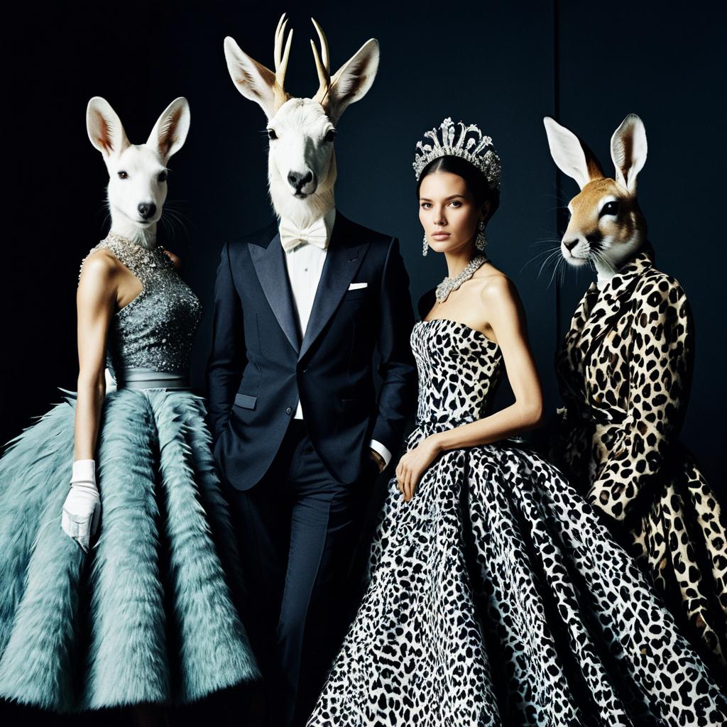 Surreal High-Fashion Portrait with Animal-Headed Figures and Elegant Couture