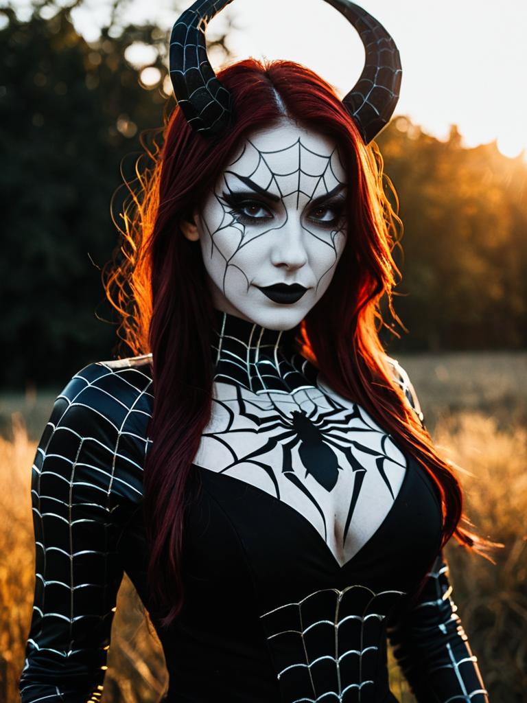 Sexy Mother Spider Demon Woman Cosplay with Black Horns and Web Face Paint