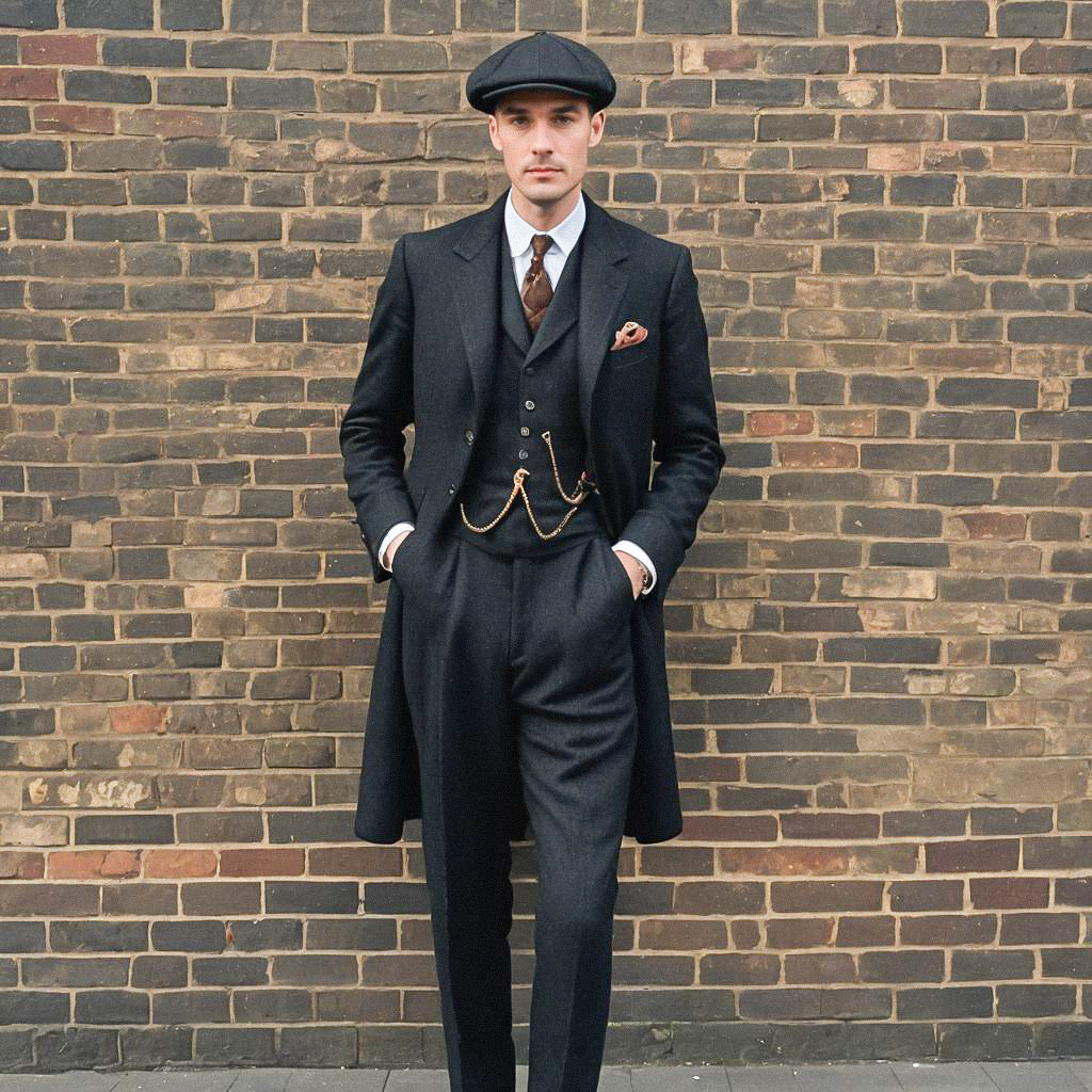 Stylish man in tailored three-piece suit against brick wall Stylish man in tailored three-piece suit against brick wall