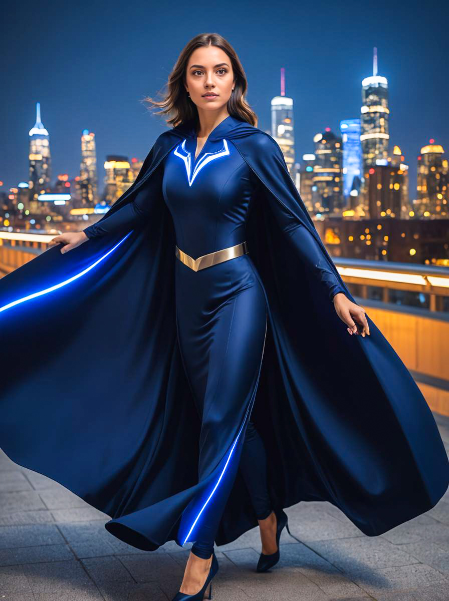 Futuristic Woman in Blue Costume Against City Skyline