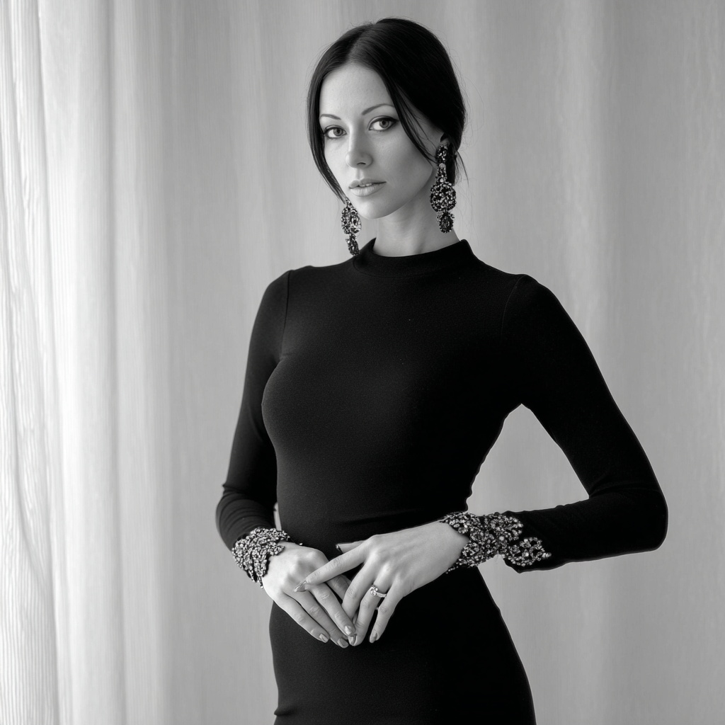 Stylish Woman in Black Dress with Beadwork Stylish Woman in Black Dress with Beadwork