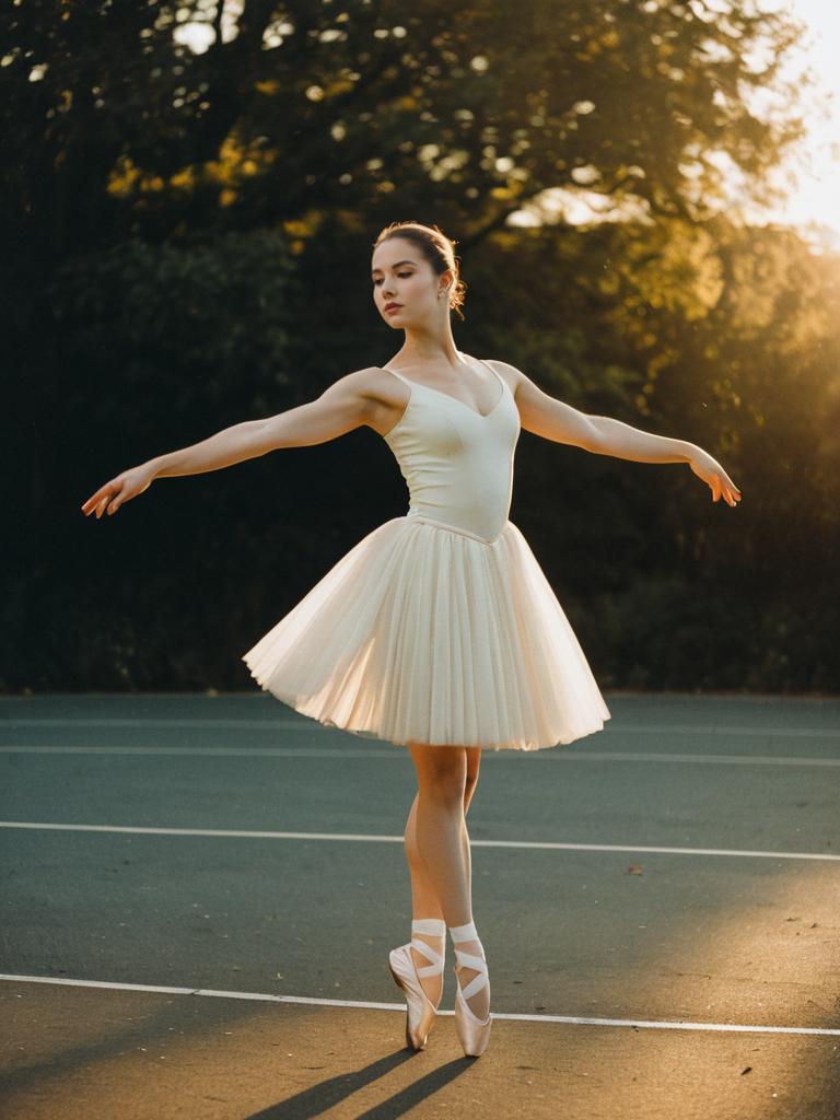 Woman in Ballet Outfit Gracefully Dancing Outdoors at Golden Hour