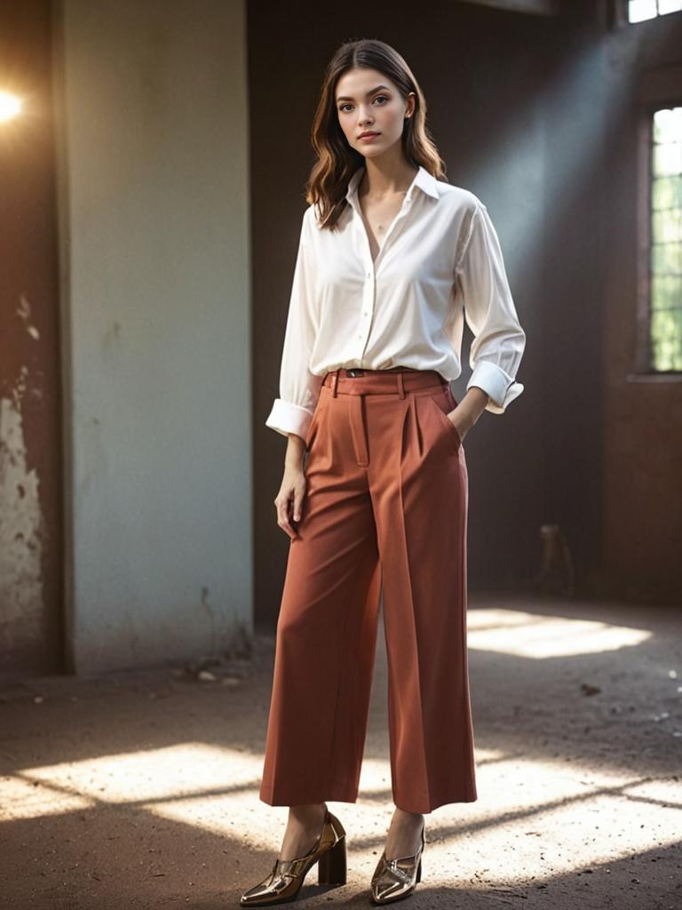 Confident Woman in Rustic Interior - Stylish Outfit