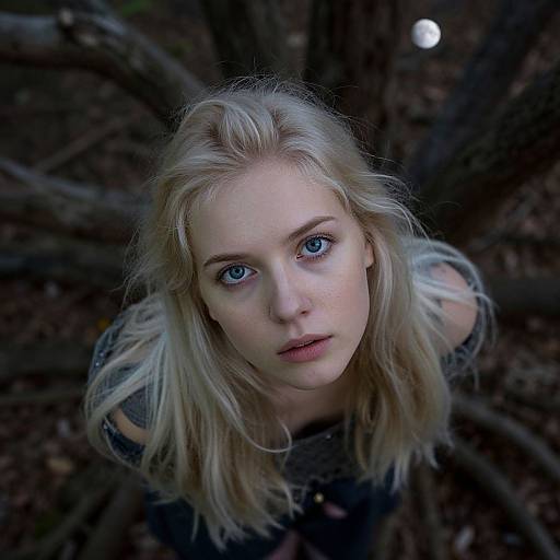Portrait of Blonde Woman with Blue Eyes Outdoors Near Tree Roots