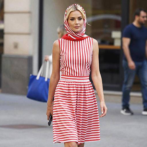 Woman Wearing Red and White Striped Vintage-Style Dress with Headscarf