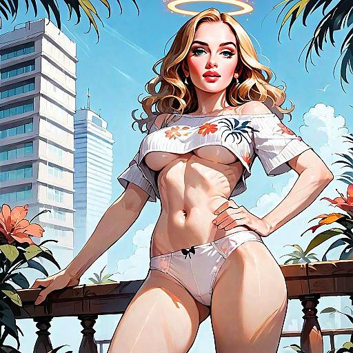 Digital Artwork of Confident Blonde Woman in Floral Cropped Top with Urban Tropical Background