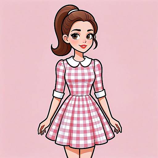 Retro Inspired Woman in Pink Gingham Dress Illustration