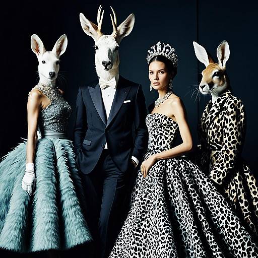 Surreal High-Fashion Portrait with Animal-Headed Figures and Elegant Couture