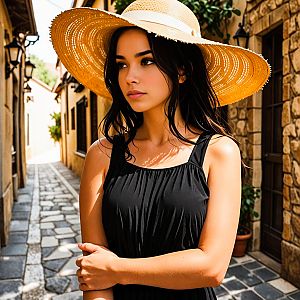 Woman in Black Dress in Cobblestone Street